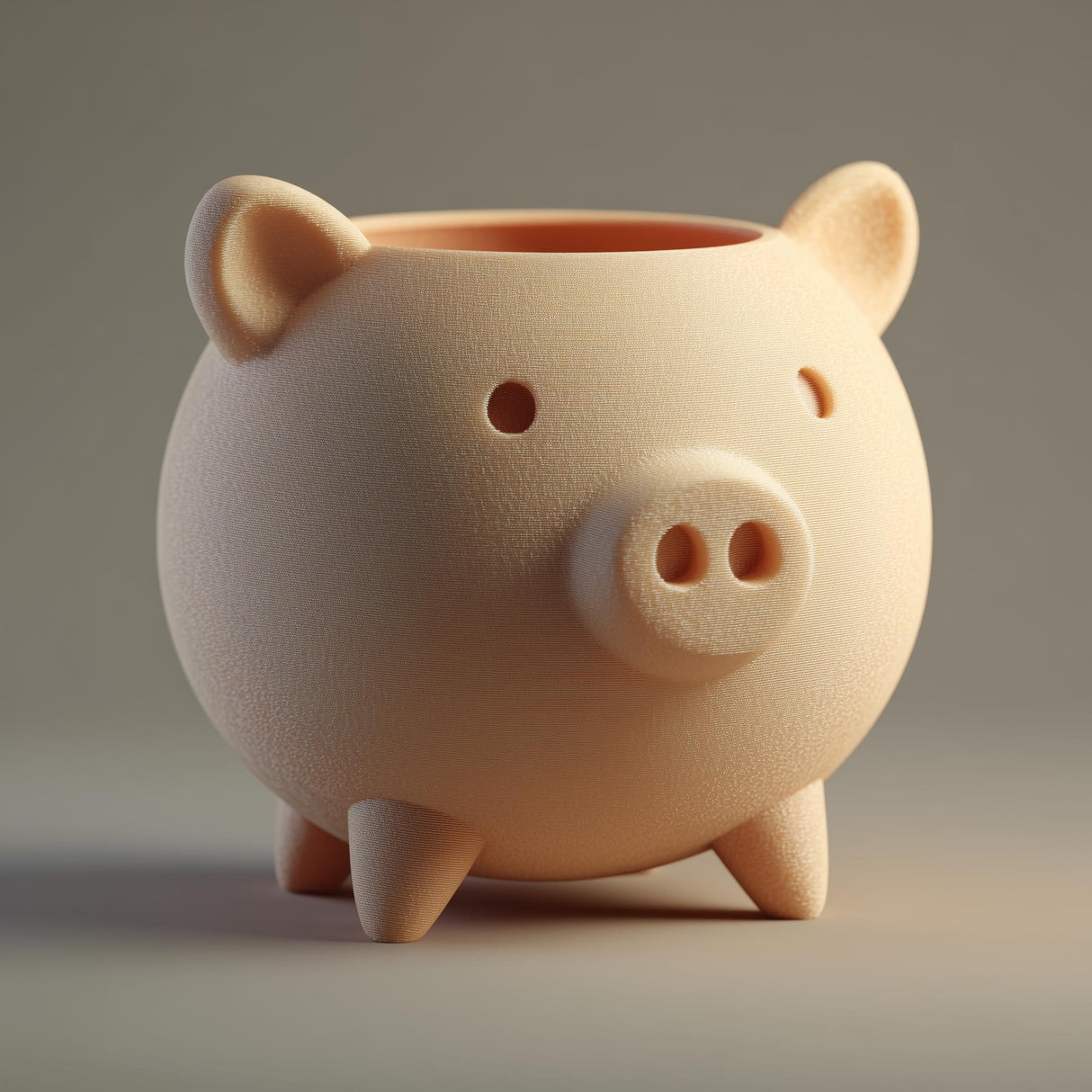 Small round pig-shaped planter with a matte 3D printed texture, standing on four legs and ready to hold a tiny plant or succulent.