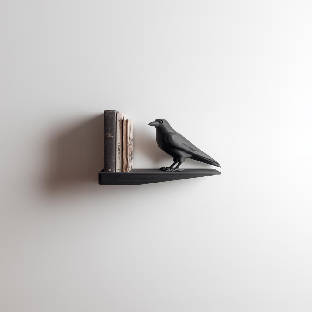 3D Printed Raven Wall Shelf | Minimal Bird Bookend Floating Ledge Display | Gothic Modern Room Decor Accent for Reading Nooks and Offices