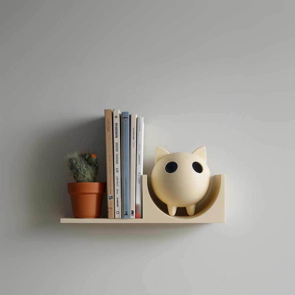 3D Printed Cat Bookend Wall Shelf | Minimal Round Kitty Floating Ledge | Cute Modern Wall Decor Accent for Books Plants and Home Interiors