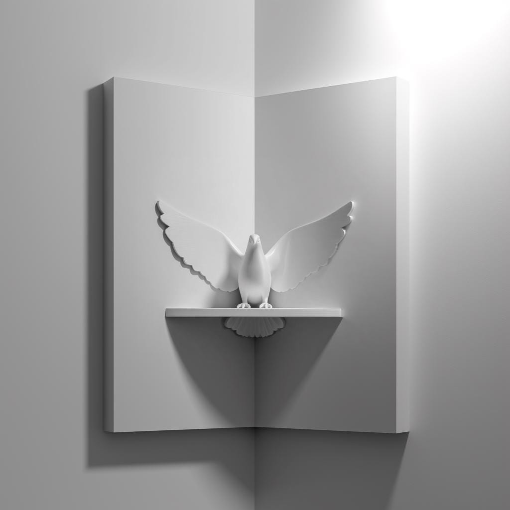 3D Printed Corner Dove Wall Shelf | Minimal Prayer Bird Floating Shrine | Modern Spiritual Home Decor Accent for Hallway and Living Room