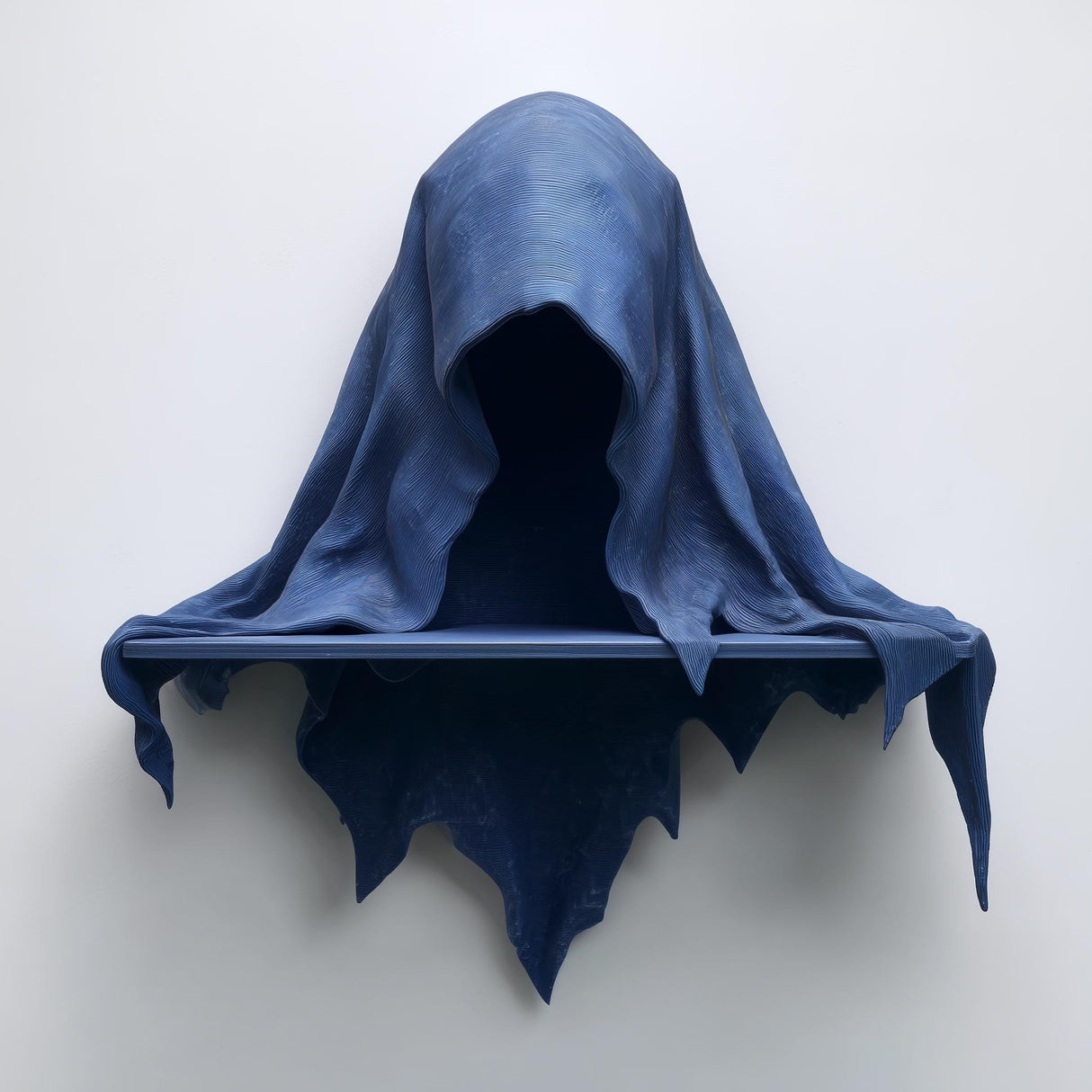 3D printed matte PLA wall shelf shaped like a hooded cloaked wraith with a small straight ledge, mounted on a light-colored wall.