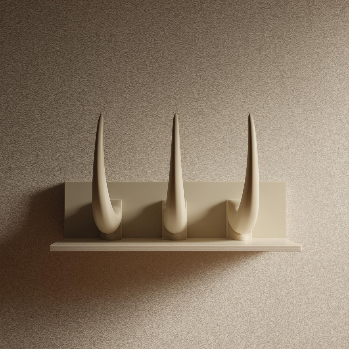 3D printed wall-mounted shelf with three tall curved horns rising from a back panel in matte PLA, styled as modern gothic wall decor.