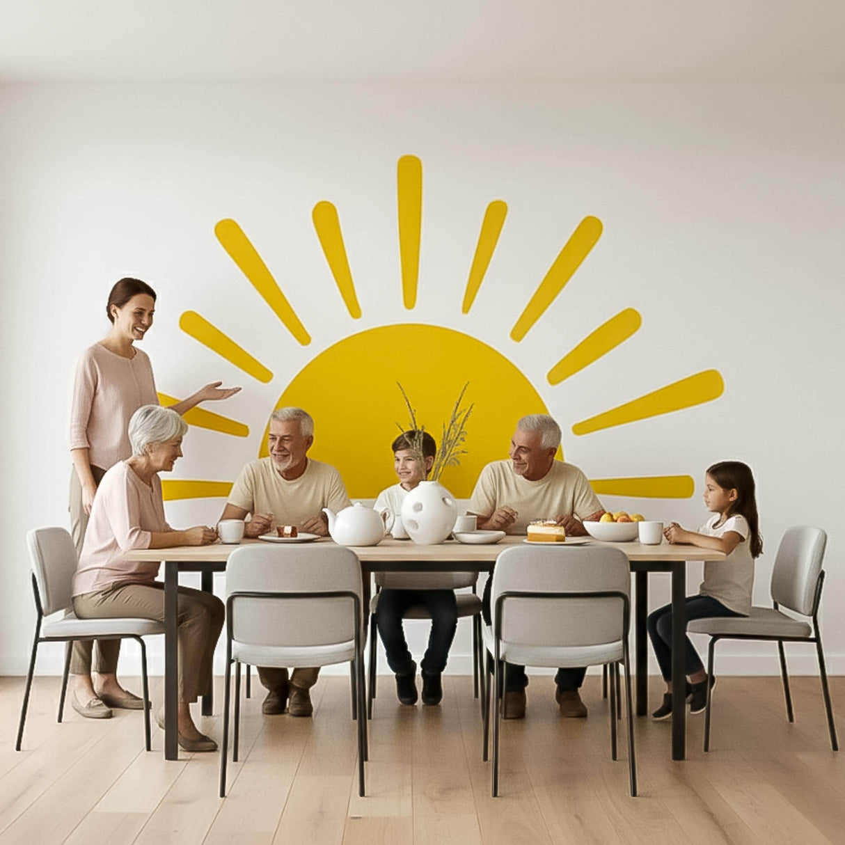 Minimalist yellow half-sun wall decal with stylized rays, suitable for a gender-neutral nursery, bohemian bedroom, or children's playroom decor.