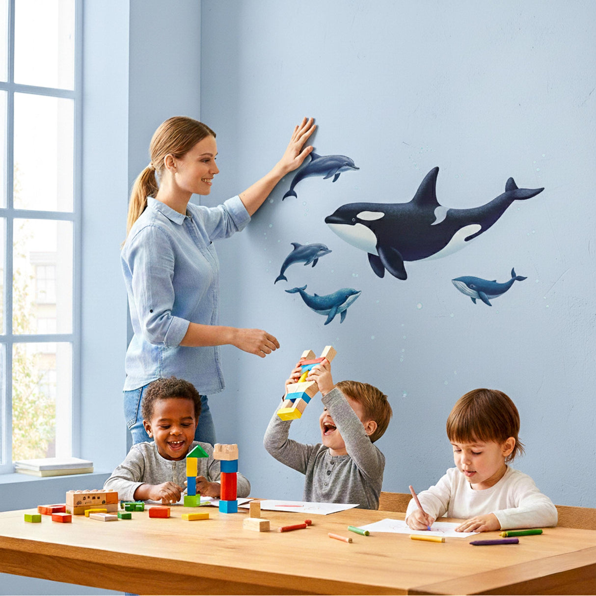 Whale Wall Decal | Ocean Nursery Decor | Dolphin Wall Sticker | Sea Life Mural | Kids Playroom Art