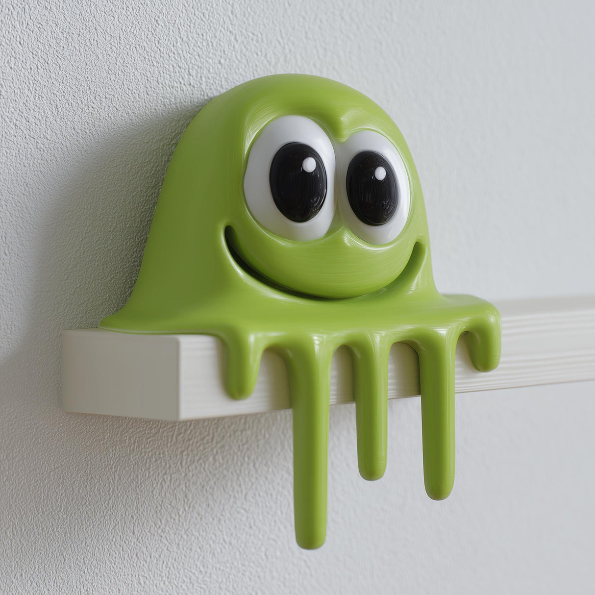 Cute 3D printed green slime monster figurine sitting on the edge of a flat shelf with big cartoon eyes and dripping goo front.