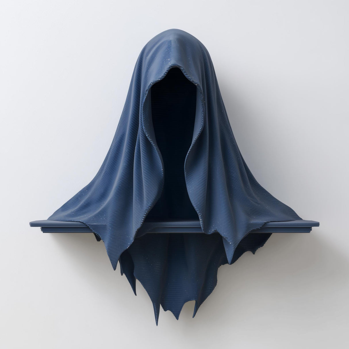 3D printed matte PLA wall shelf shaped like a hooded cloaked reaper with a straight floating ledge, mounted on a light-colored wall.