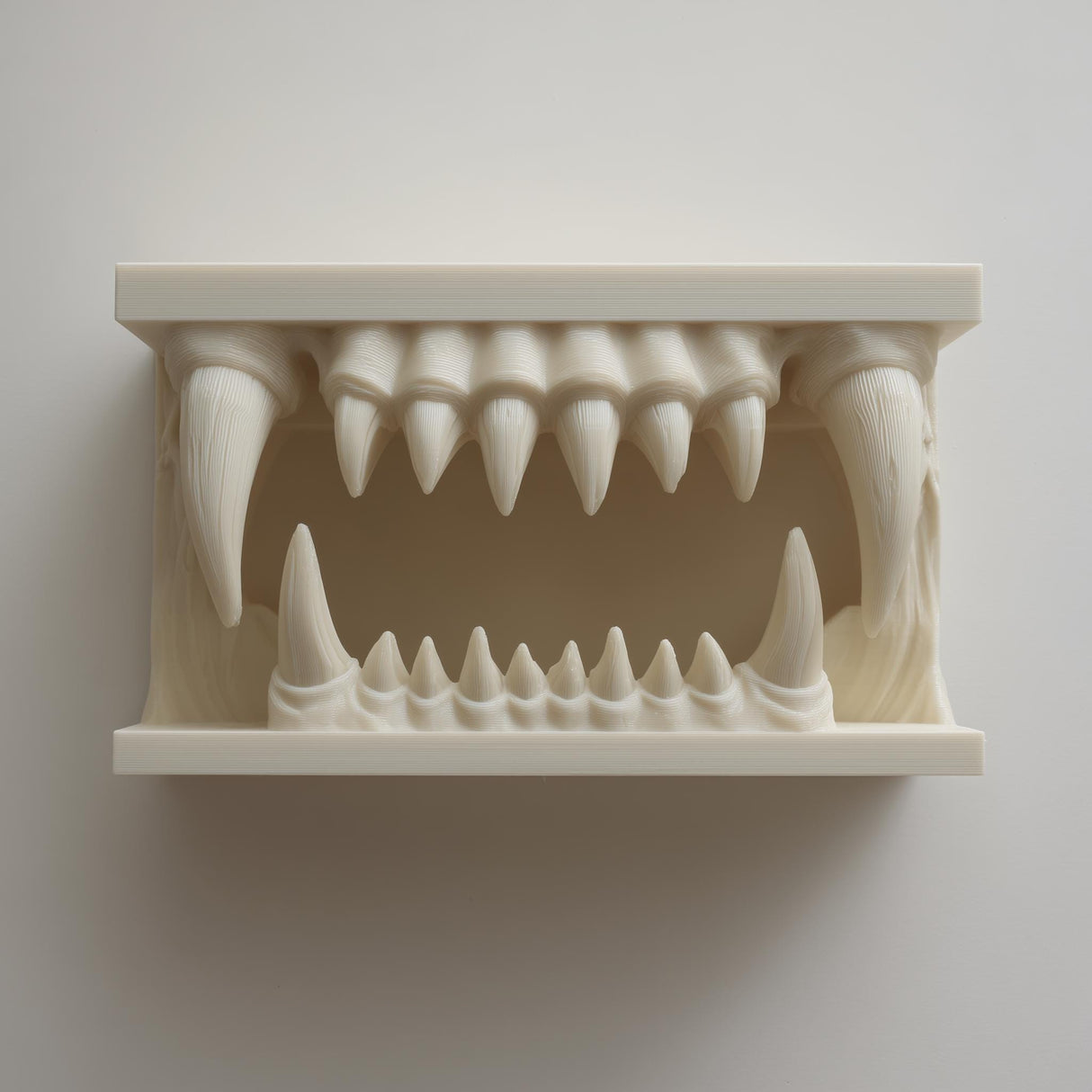 3D printed matte PLA wall shelf shaped like a wide monster jaw with upper and lower fangs forming a small display nook in the mouth.