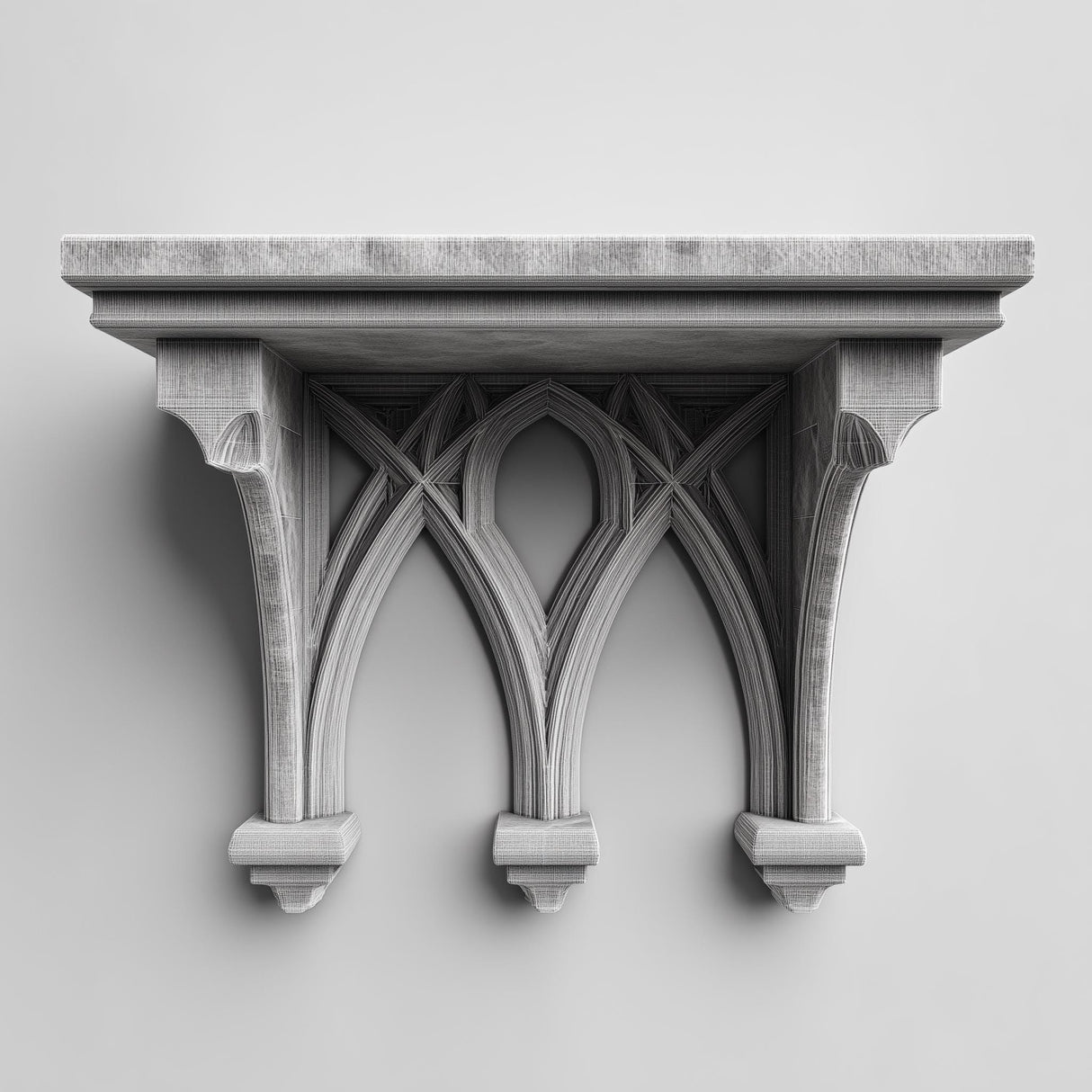 3D printed gothic wall shelf with three pointed arches and a flat top ledge, mounted on a light-colored wall.
