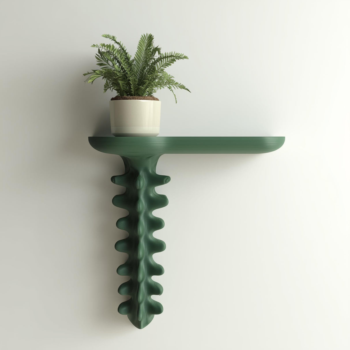 3D printed wall-mounted shelf with an organic sculptural support resembling natural growth, holding a small plant on a floating ledge.