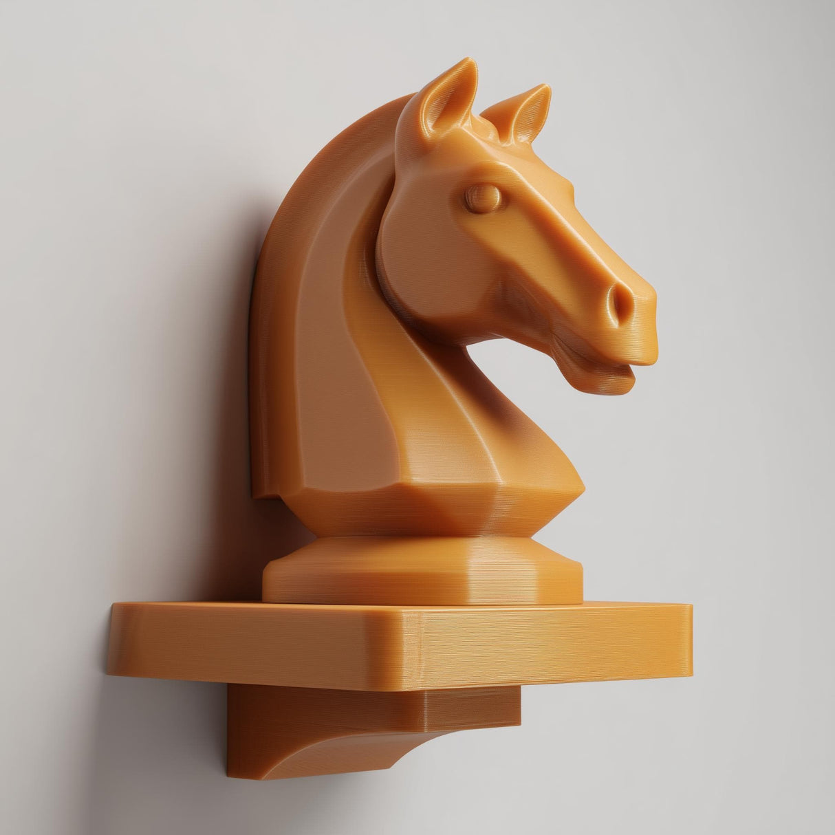 3D printed wall-mounted shelf featuring a chess knight horse head rising from a compact floating ledge, designed as strategy-themed wall decor.