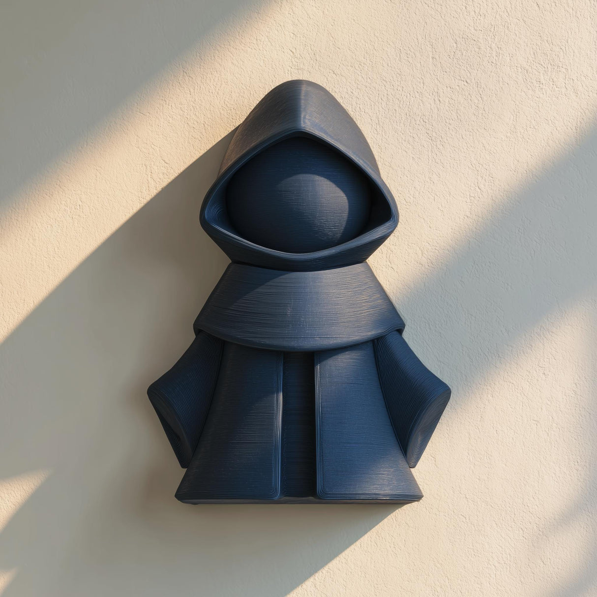 3D printed wall-mounted hooded figure with a faceless minimalist design, created as a dark fantasy sculptural wall decor piece.