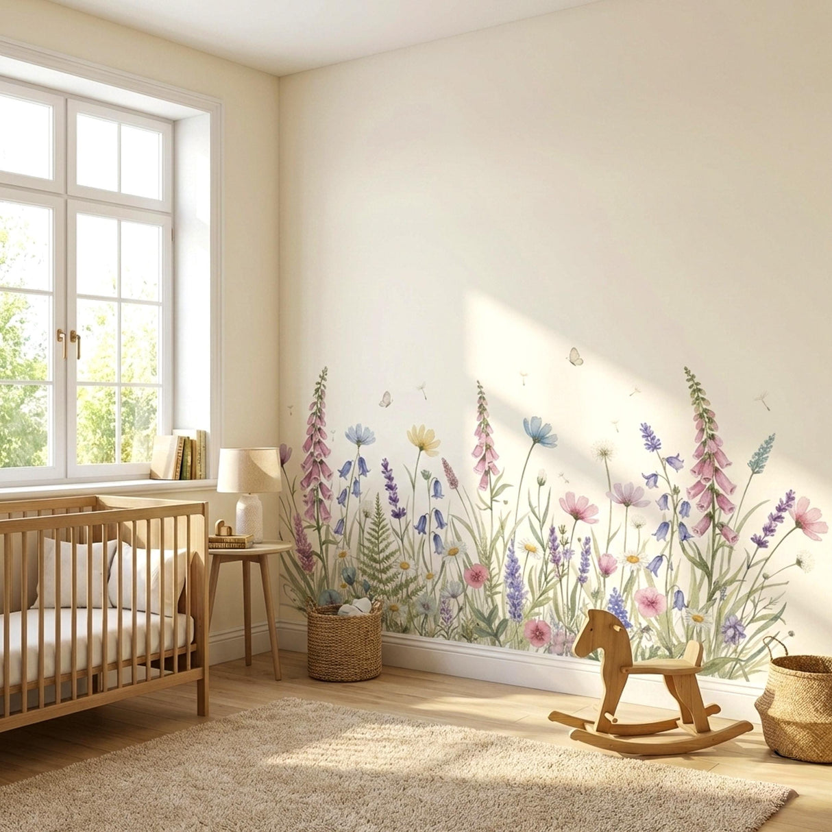 A wide, horizontal watercolor illustration of a wildflower meadow against a white background. The meadow includes tall pink foxgloves, purple lavender, blue bell-shaped flowers, and white daisies. Two small white butterflies and several floating dandelion seeds are scattered among the plants.