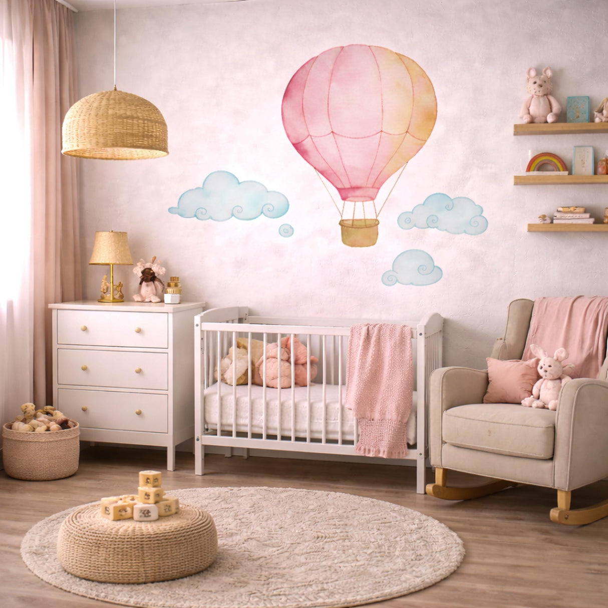 Pink Hot Air Balloon Wall Decal | Watercolor Nursery Decor for Girls | Baby Girl Room Art | Whimsical Cloud Sticker | Dream Big NurseryMural