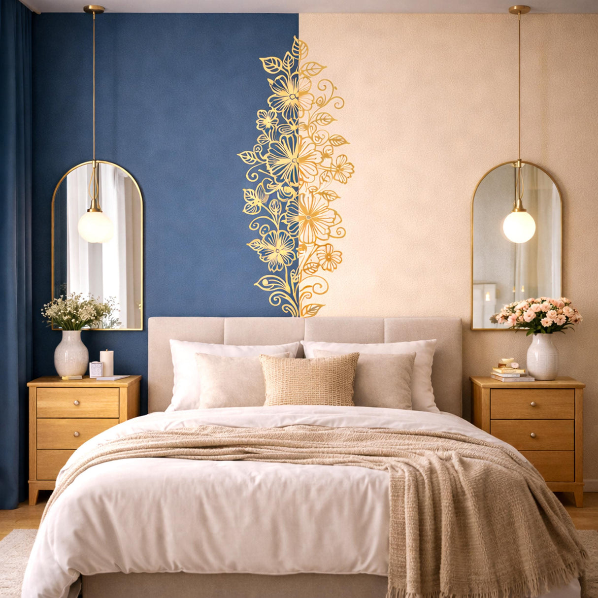 A tall, vertical line art illustration in a golden-yellow color on a white background. The design consists of various blooming flowers, leaves, and decorative swirls climbing upward in a narrow, elegant arrangement.