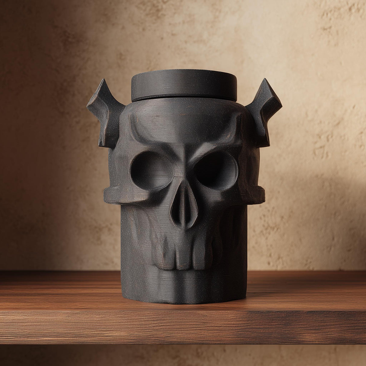 3D printed dark fantasy pet cremation urn shaped as a horned skull, gothic memorial decor displayed on a wooden shelf.
