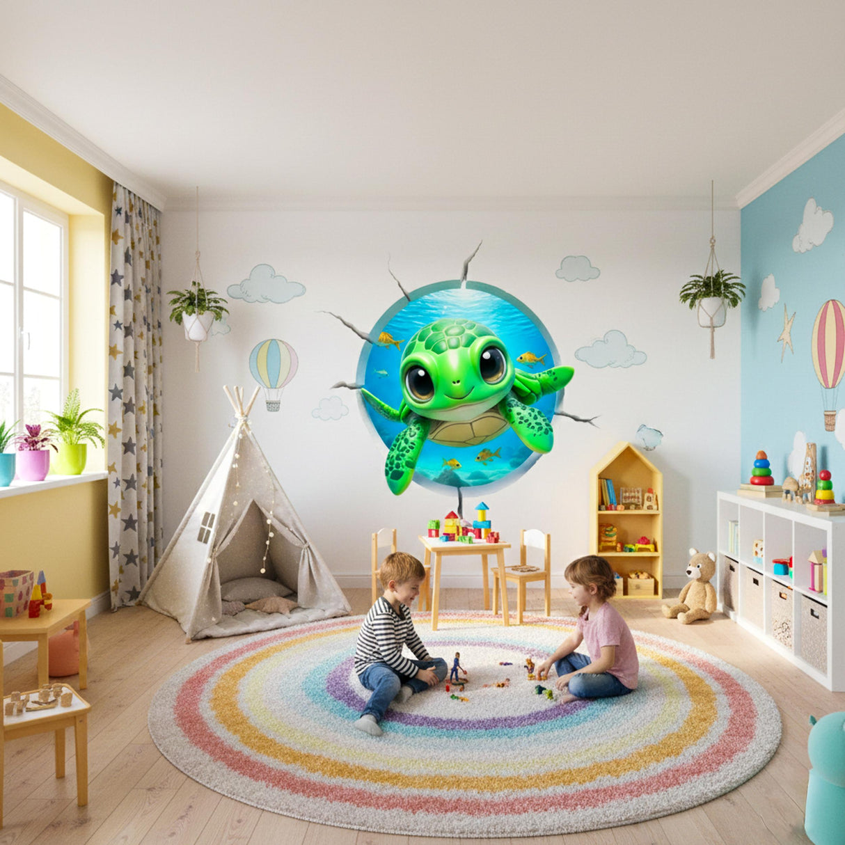 Sea Turtle Wall Decal | 3D Ocean Wall Sticker | Nursery Hole in Wall Art | Kids Room Decor | Turtle Portal Mural