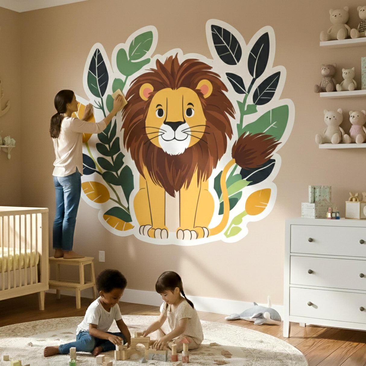 A cute, smiling cartoon lion with a brown mane sitting in front of a decorative wreath of dark green, light green, and orange leaves.
