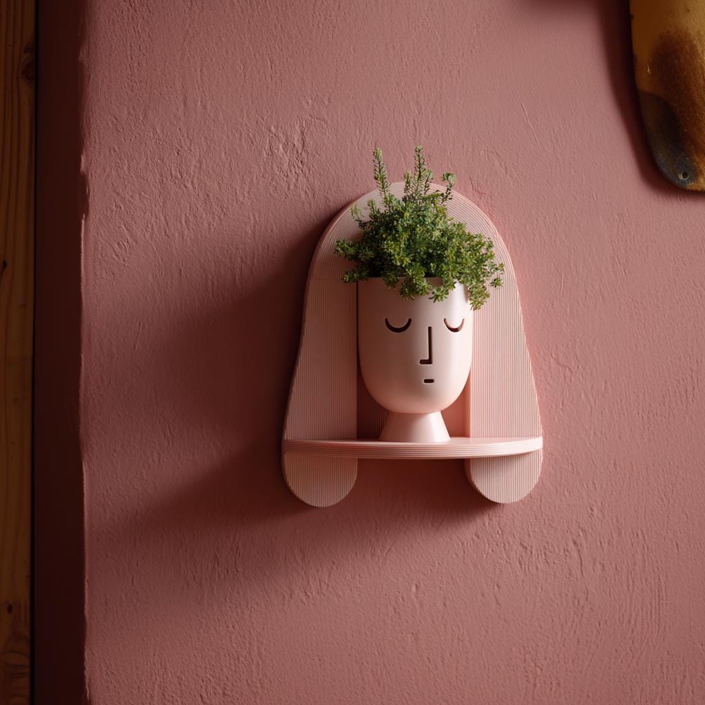 Wall Mounted Face Planter Shelf | 3D Printed Sculptural Wall Decor with Pot | Minimalist Art Shelf for Plants in Modern Interiors Homes