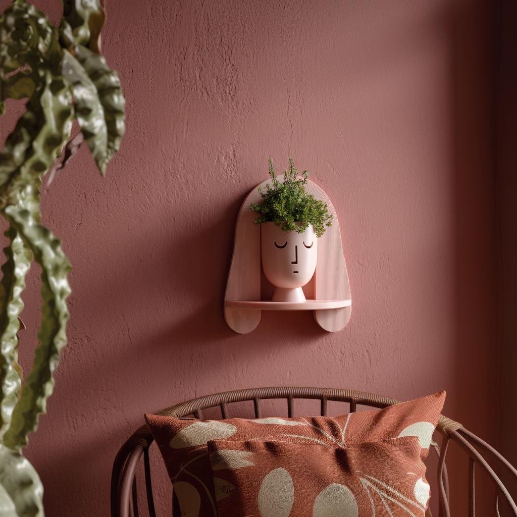Wall Mounted Face Planter Shelf | 3D Printed Sculptural Wall Decor with Pot | Minimalist Art Shelf for Plants in Modern Interiors Homes