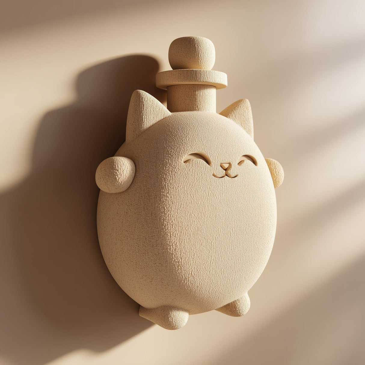 Cute rounded cat wall decor with removable top lid, 3D printed in matte PLA, wall mounted, styled with dried flowers in soft natural light.