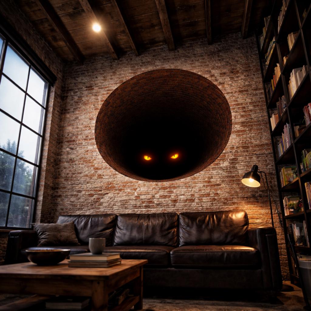 A circular 3D wall decal depicting a dark, deep tunnel made of reddish-brown bricks. At the very bottom of the dark shadows, two bright, glowing orange eyes are visible, staring outward.