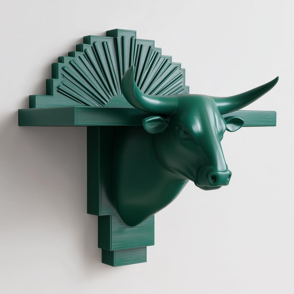 3D printed bull head wall shelf with long horns and an art deco fan-shaped backplate, forming a floating ledge on a minimalist wall.