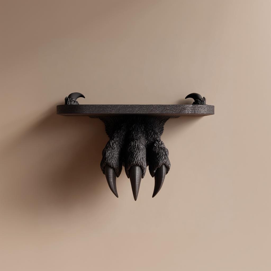 3D Printed Monster Claw Wall Shelf | Dark Fantasy Floating Ledge with Beast Talons | Horror Decor for Gothic Bedroom, Gaming Room or Altar