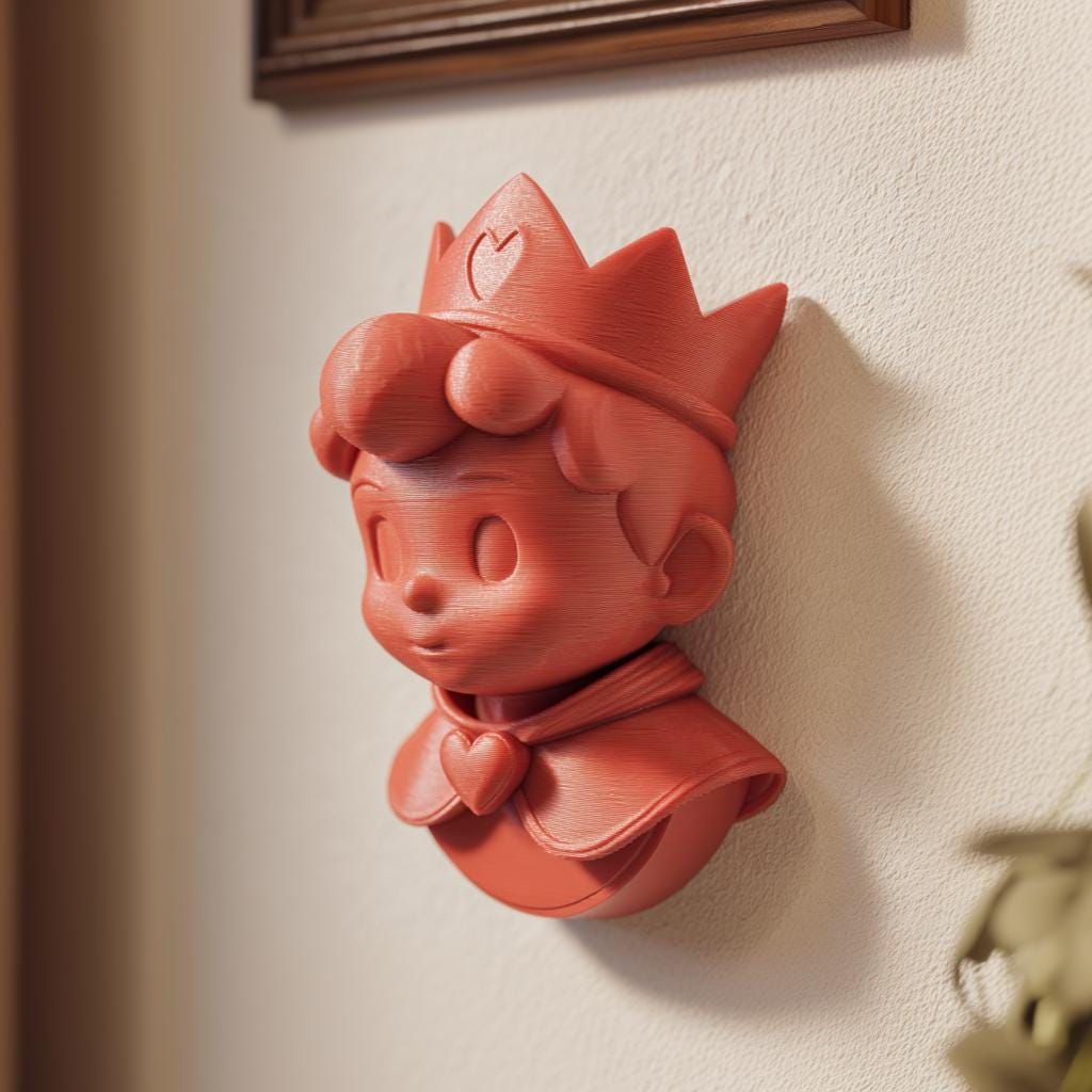3D Printed Cute Prince Wall Decor | Anime Style Sculptural Wall Art with Crown | Kawaii Fantasy Decor for Nursery, Bedroom or Gift