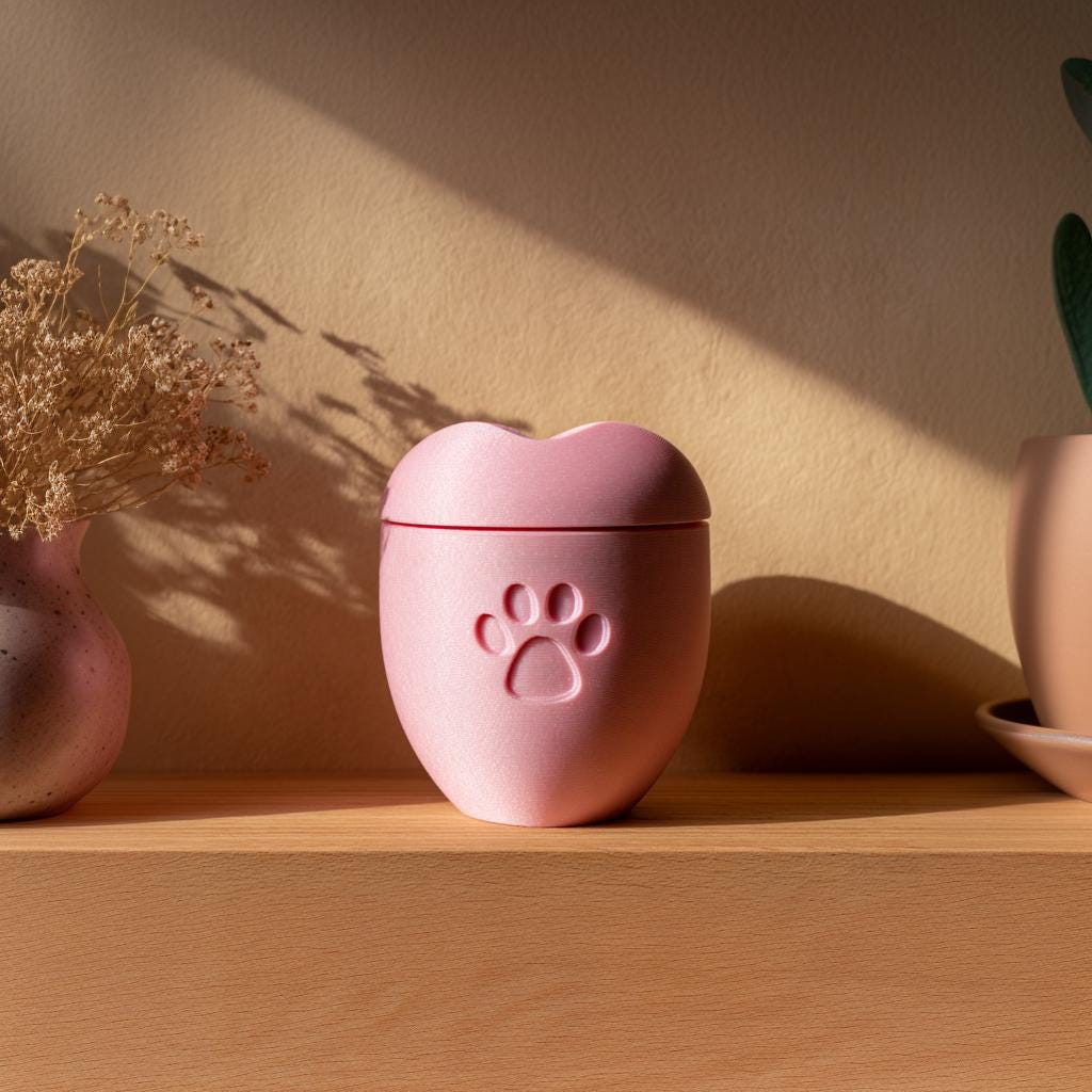 3D Printed Pet Memorial Urn | Minimalist Heart-Shaped Cremation Urn with Paw Print | Remembrance Decor for Beloved Dogs or Cats