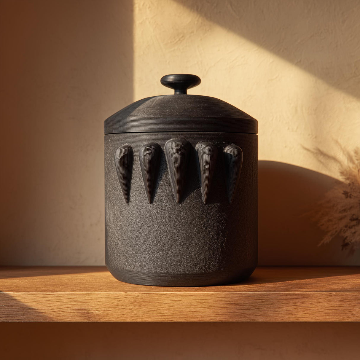 3D printed dark fantasy pet cremation urn featuring sculpted fang-like details, designed as a gothic memorial container for pet ashes.