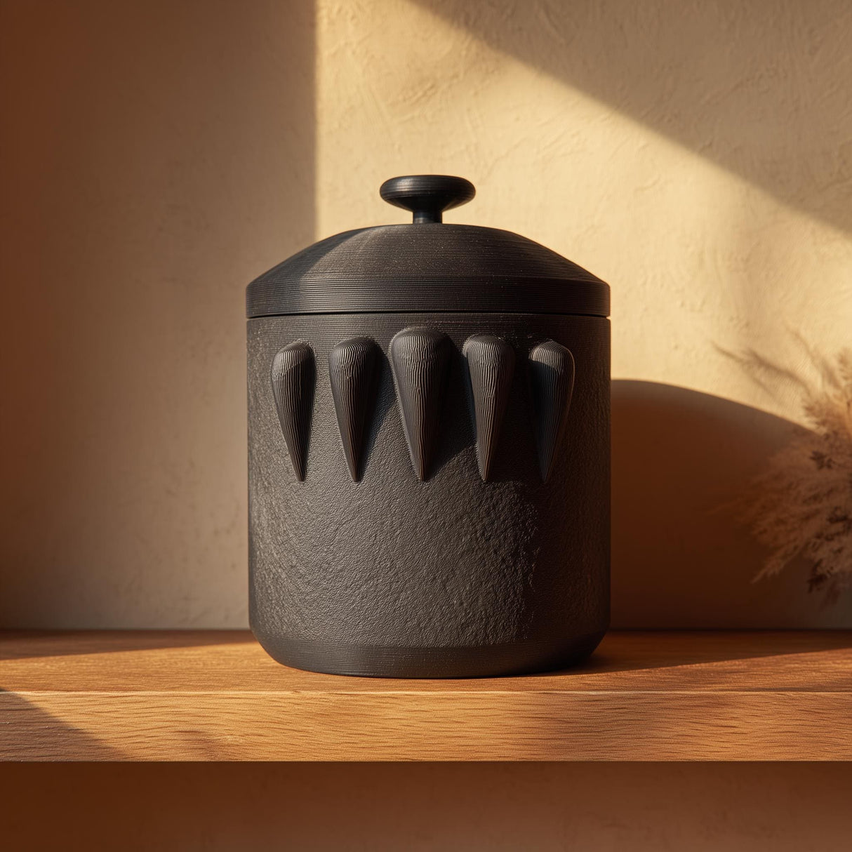 3D printed dark fantasy pet cremation urn featuring sculpted fang-like details, designed as a gothic memorial container for pet ashes.