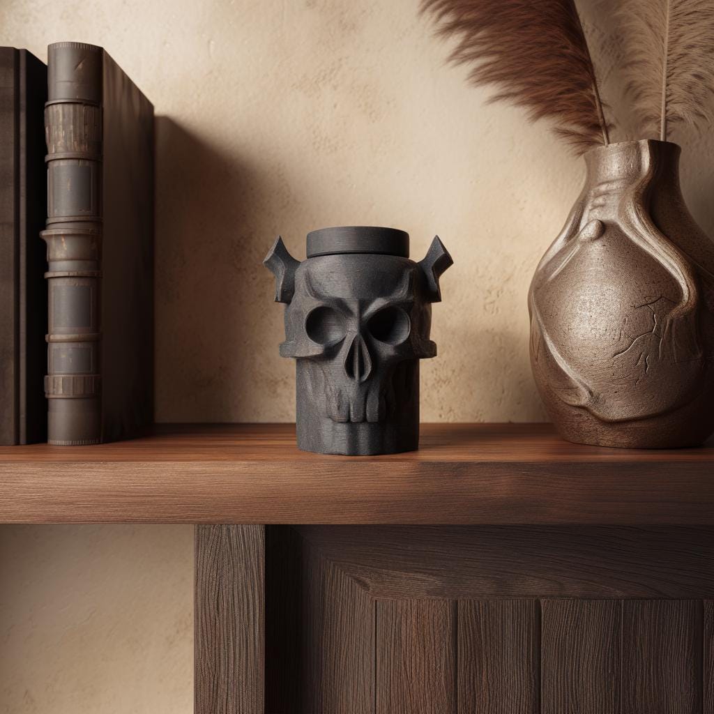 3D Printed Gothic Skull Pet Urn | Dark Fantasy Cremation Urn with Horns | Horror Memorial Decor for Pet Remembrance Shelf