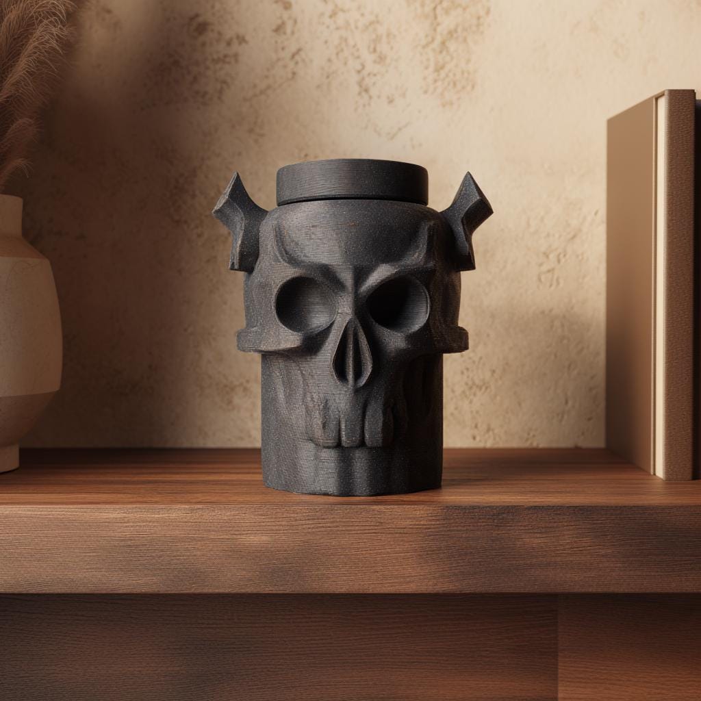 3D Printed Gothic Skull Pet Urn | Dark Fantasy Cremation Urn with Horns | Horror Memorial Decor for Pet Remembrance Shelf