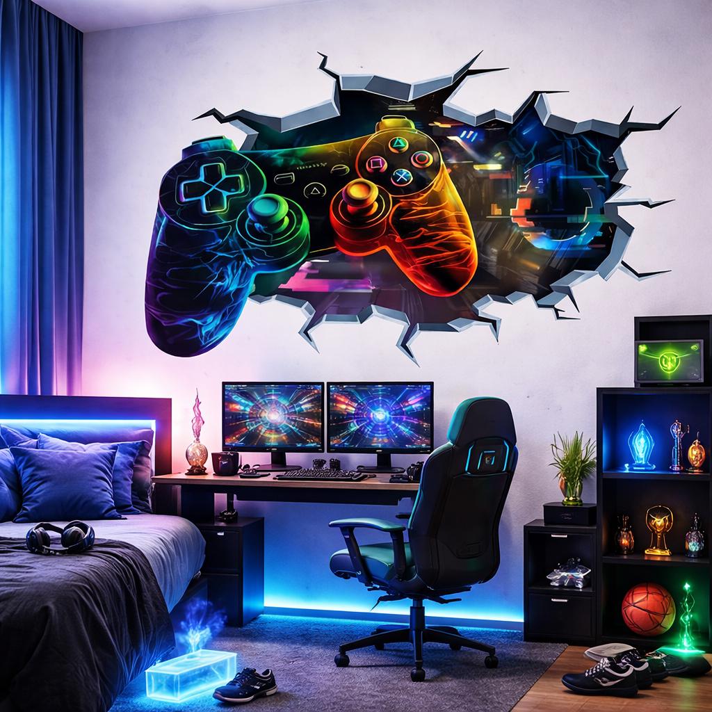 3D Gamer Wall Decal | Neon Game Controller Mural | Joystick Wall Smash Sticker | Teen Gaming Room Decor | Video Game Art Print