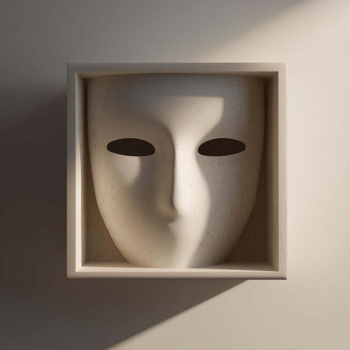 3D printed minimalist wall shelf with abstract human face mask design set inside a square frame, mounted on a textured neutral interior wall.