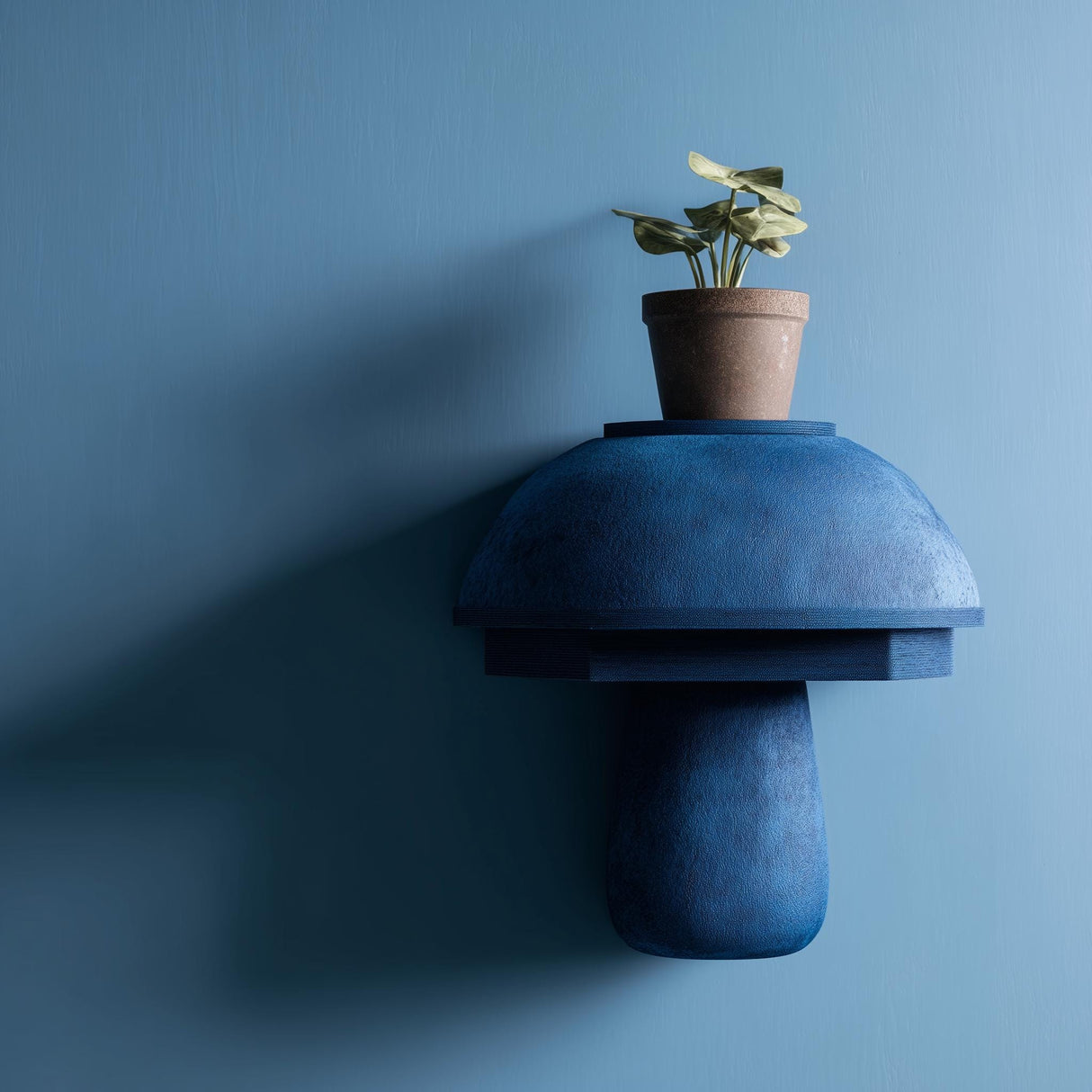 3D printed modern mushroom wall shelf with rounded dome cap and smooth sculptural base, mounted on a blue minimalist interior wall.