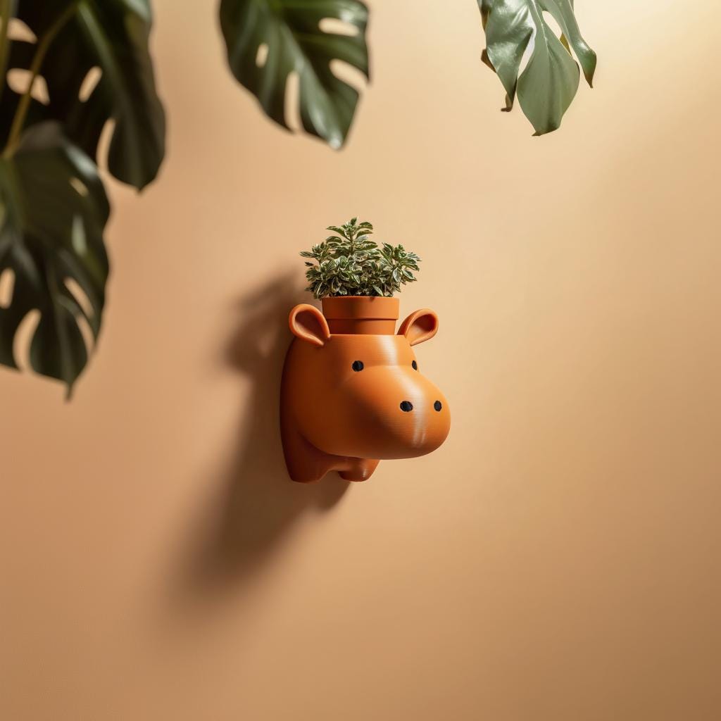 Cute Hippo Wall Planter Shelf Decor | 3D Printed Animal Head Plant Holder | Playful Modern Accent for Kids Room and Cozy Interiors