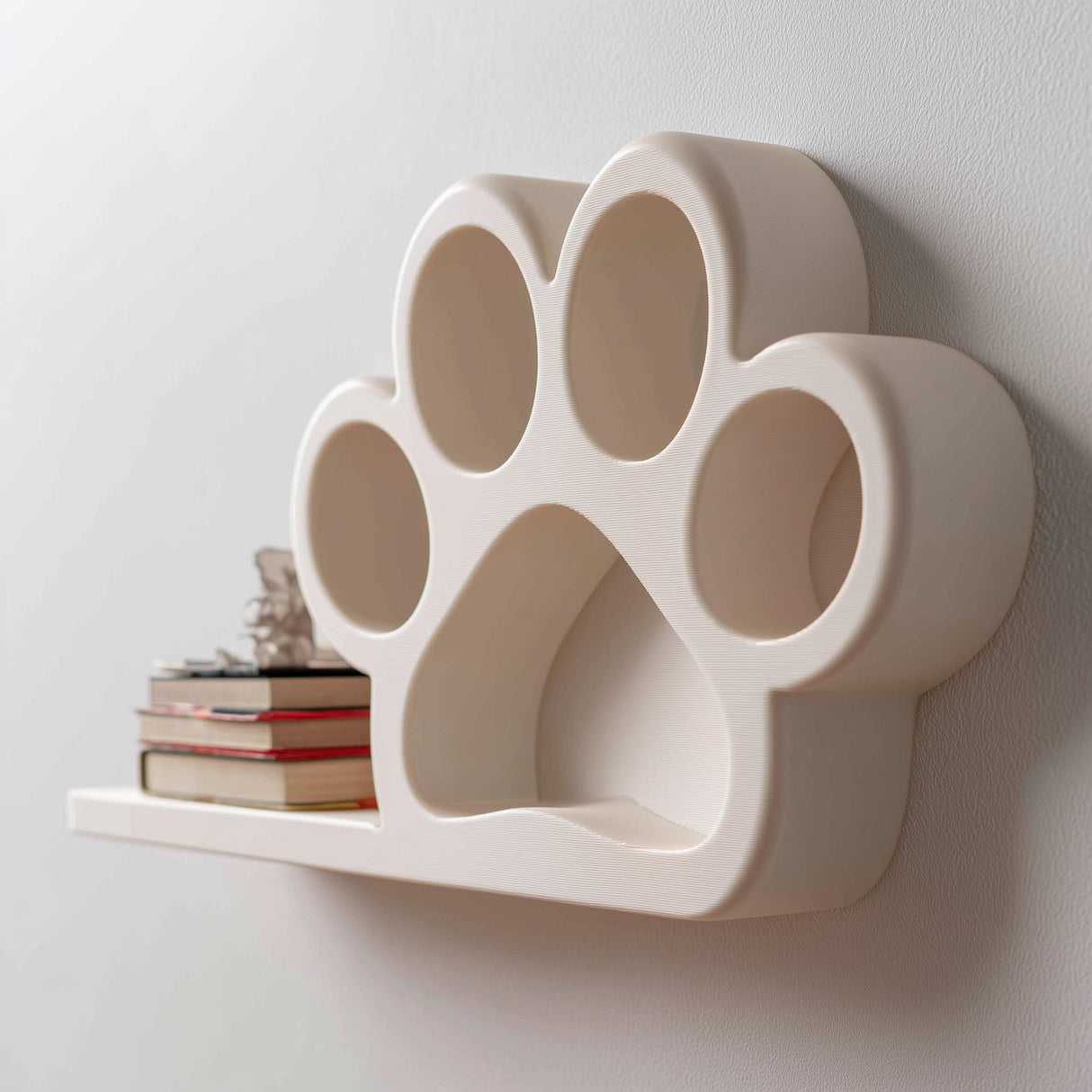 3D printed paw print shaped wall shelf with integrated small display platform, mounted on a light minimalist interior wall.