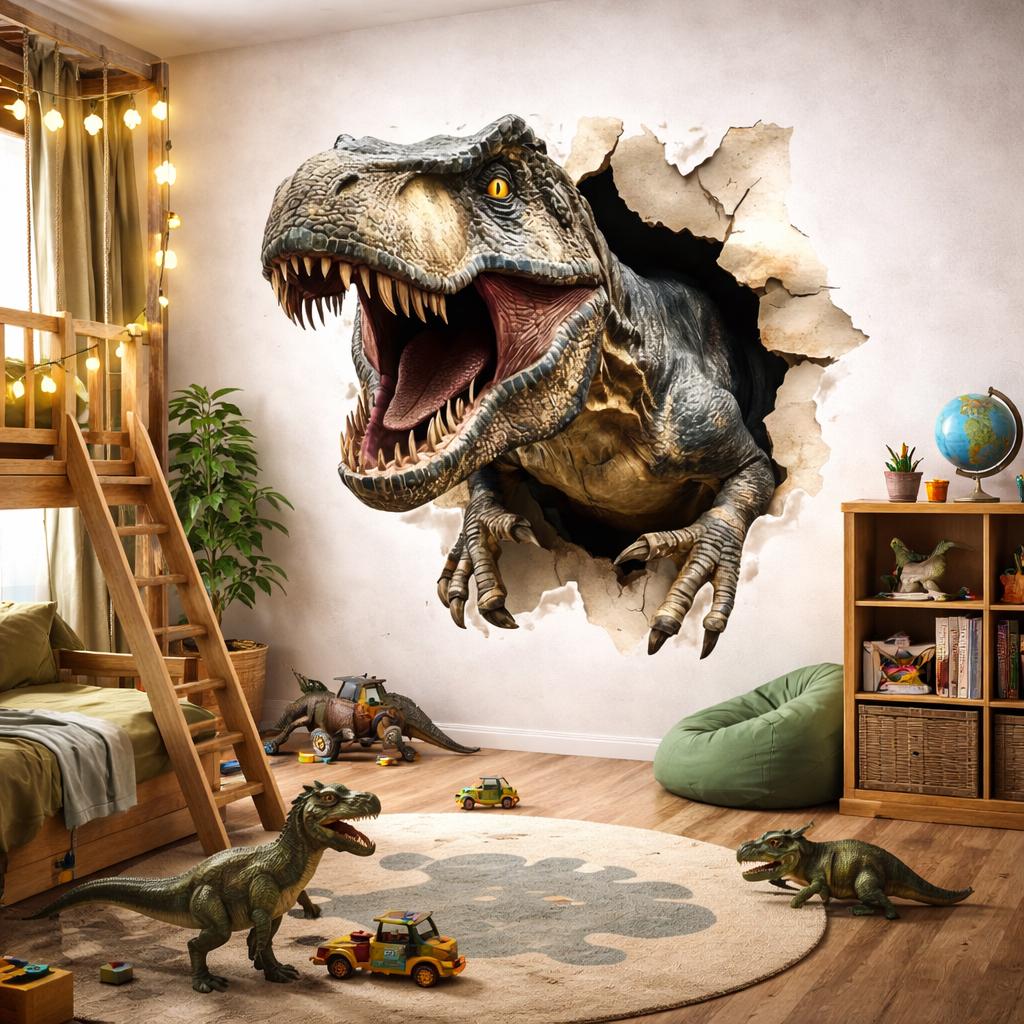 3D T-Rex Wall Decal | Dinosaur Breakthrough Mural | T-Rex Wall Smash Sticker | Jurassic Bedroom Decor | Realistic Dinosaur Art