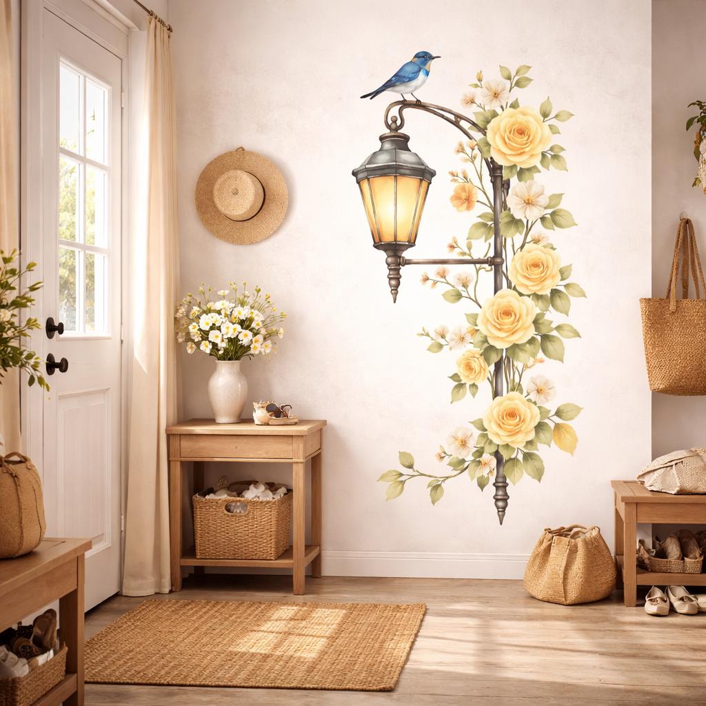 Floral Street Lamp Decal | Yellow Rose Wall Art | Watercolor Lantern Sticker | Vintage Garden Mural | Shabby Chic Flower Decor