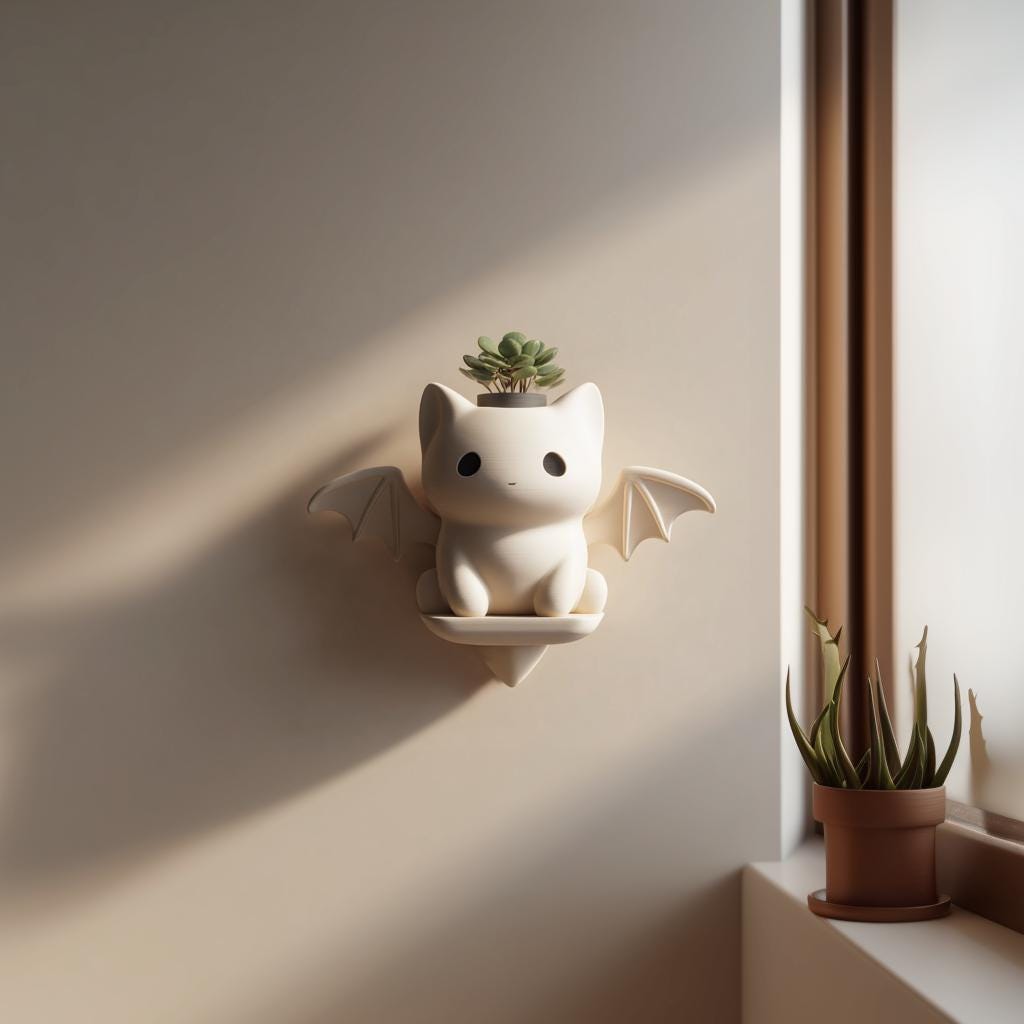 Cute Bat Cat Wall Planter Shelf | 3D Printed Kawaii Hanging Plant Holder | Fantasy Animal Wall Decor for Nursery and Modern Interiors