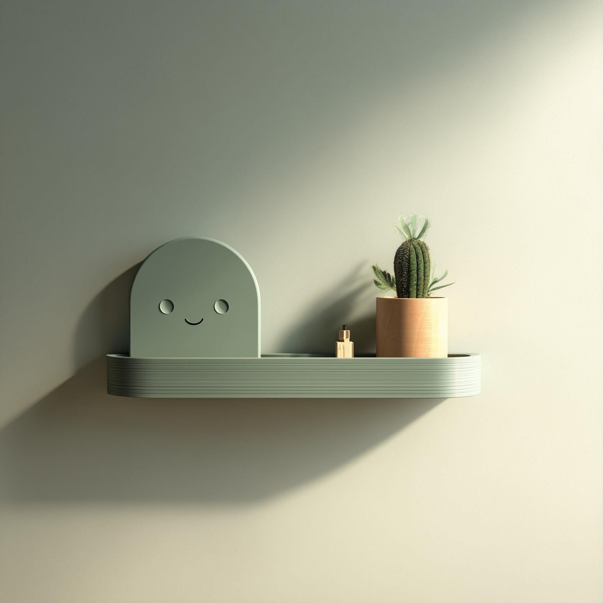 3D printed minimalist wall shelf with a cute smiling character back panel and rounded shelf form, mounted on a softly lit modern interior wall.