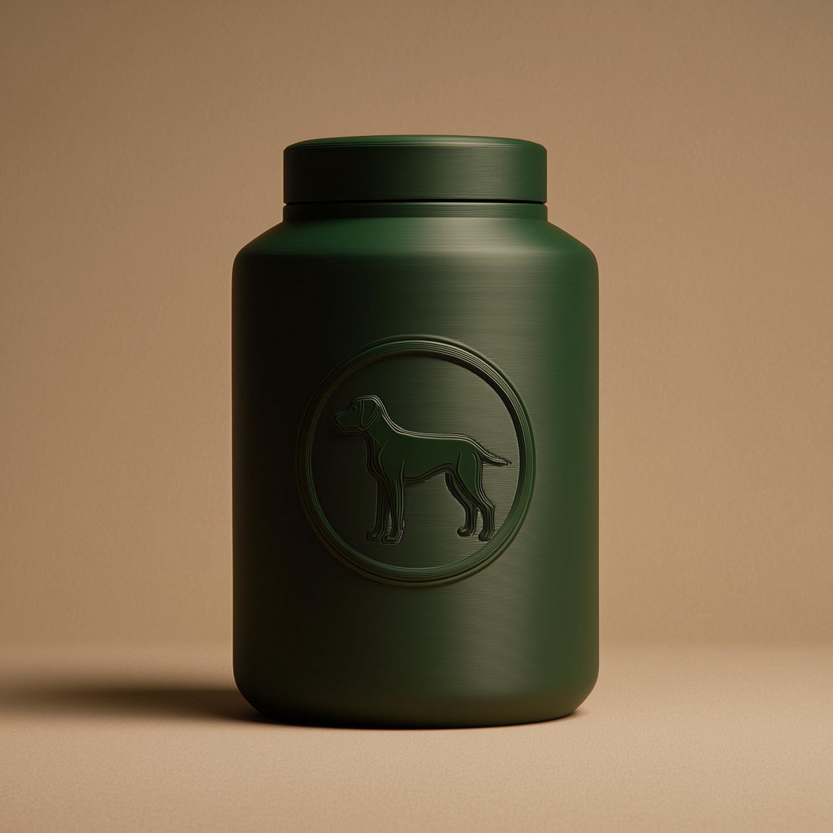 3D printed minimalist pet ashes urn shaped as a clean jar with a raised dog emblem medallion on the front and a fitted lid, studio background.