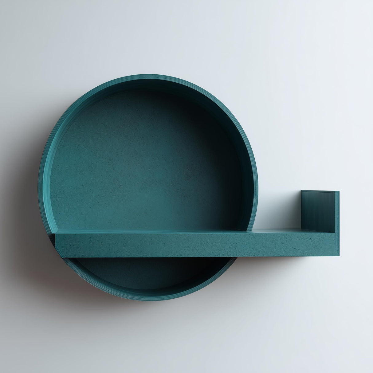 3D printed round wall shelf with a circular tray backplate and a slim floating ledge featuring a small side stopper, minimalist studio wall background.