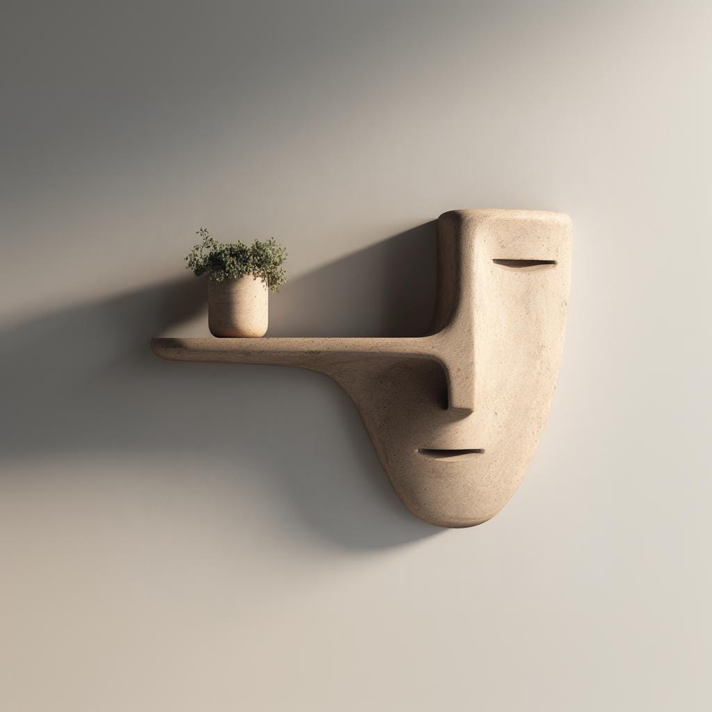 Modern Face Wall Shelf | 3D Printed Surreal Mask Sculpture with Floating Ledge | Minimal Wall Decor for Plants, Keys, Art Indoor Entryway