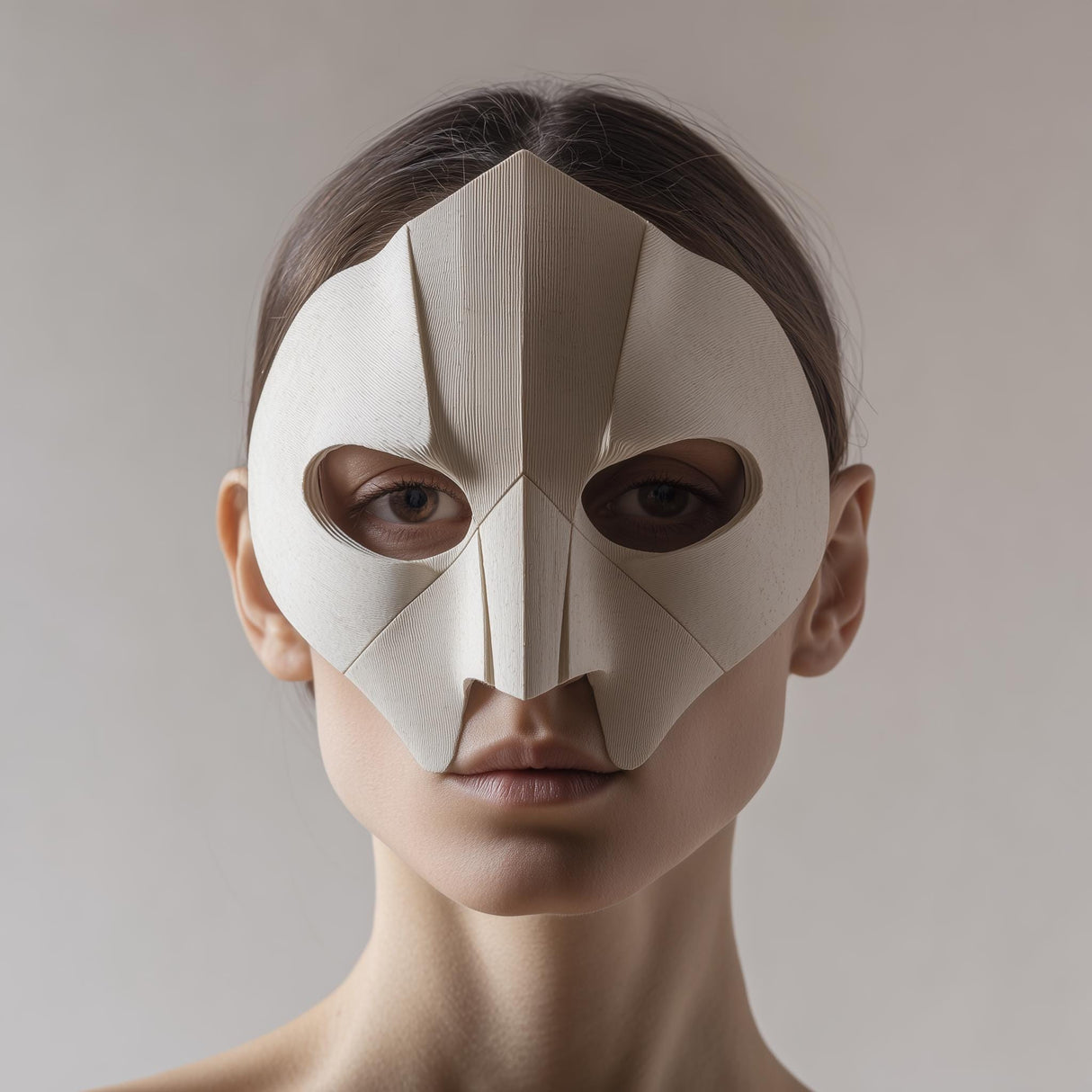 3D printed geometric face mask with sharp folded facets and almond eye openings, minimalist half-mask style, worn in a studio portrait on a neutral background.