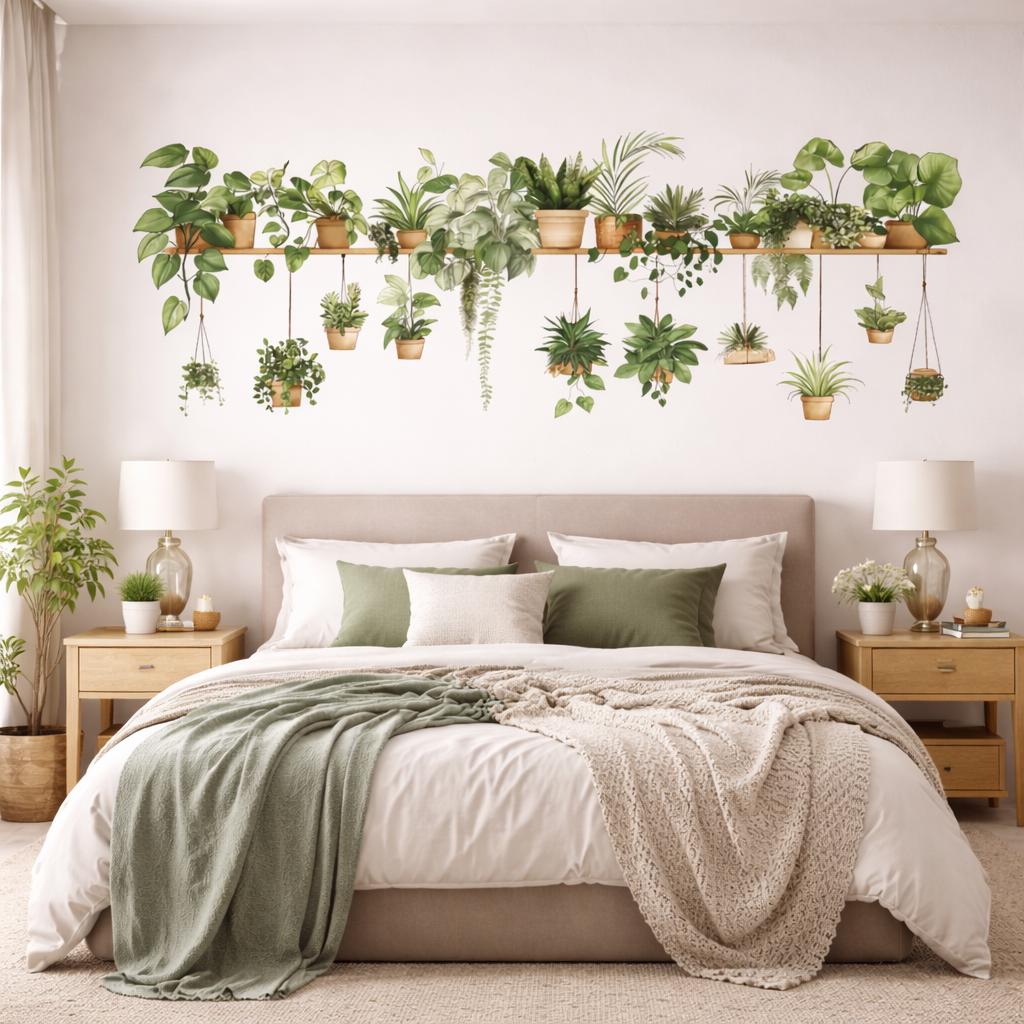 Indoor Plant Shelf Wall Decal | Potted Greenery Mural | Hanging Plant Sticker | Urban Jungle Wall Art | Biophilic Home Decor