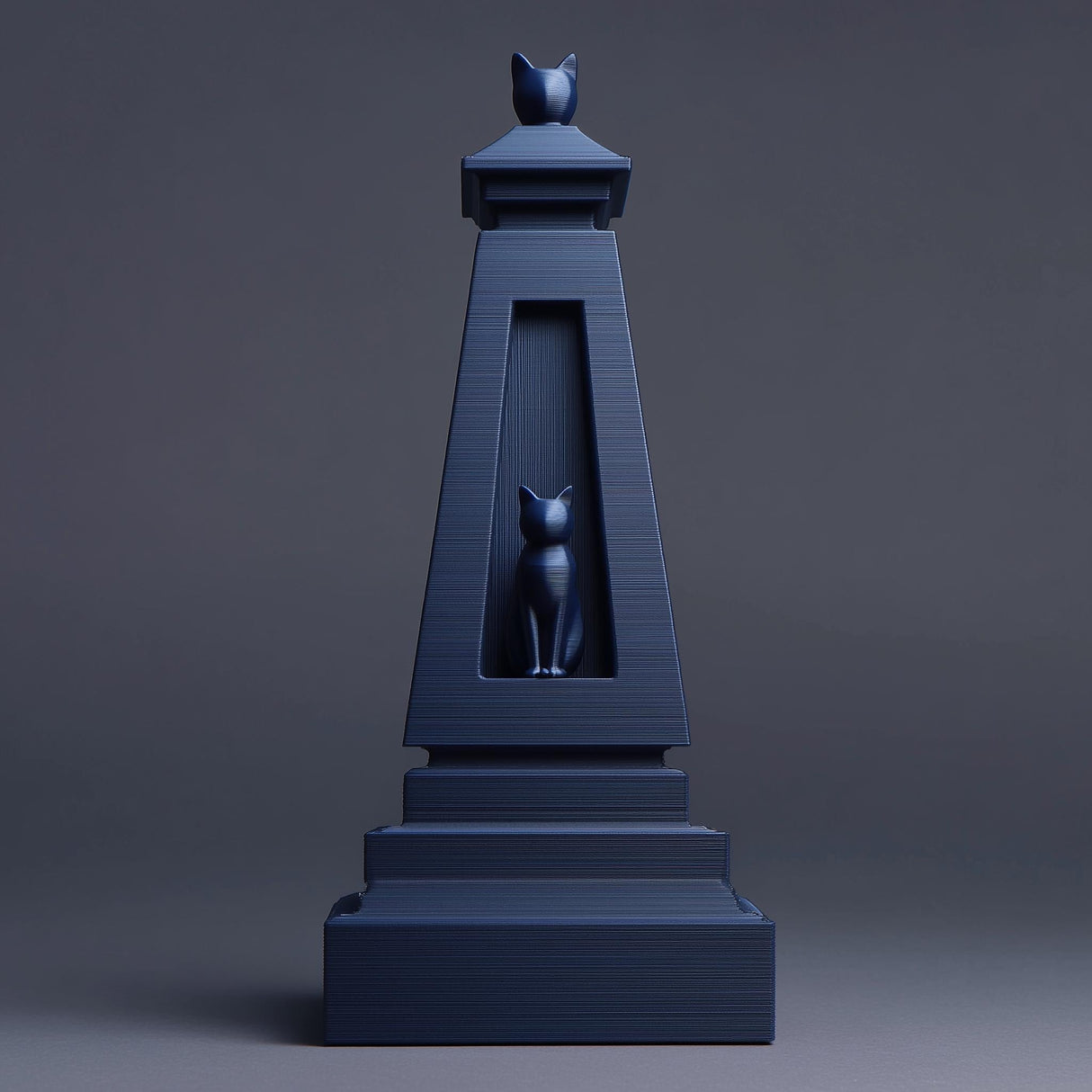 Matte blue 3D printed obelisk-style pet ashes urn with a recessed window showing a small cat figure, minimalist studio grey background, visible print texture.