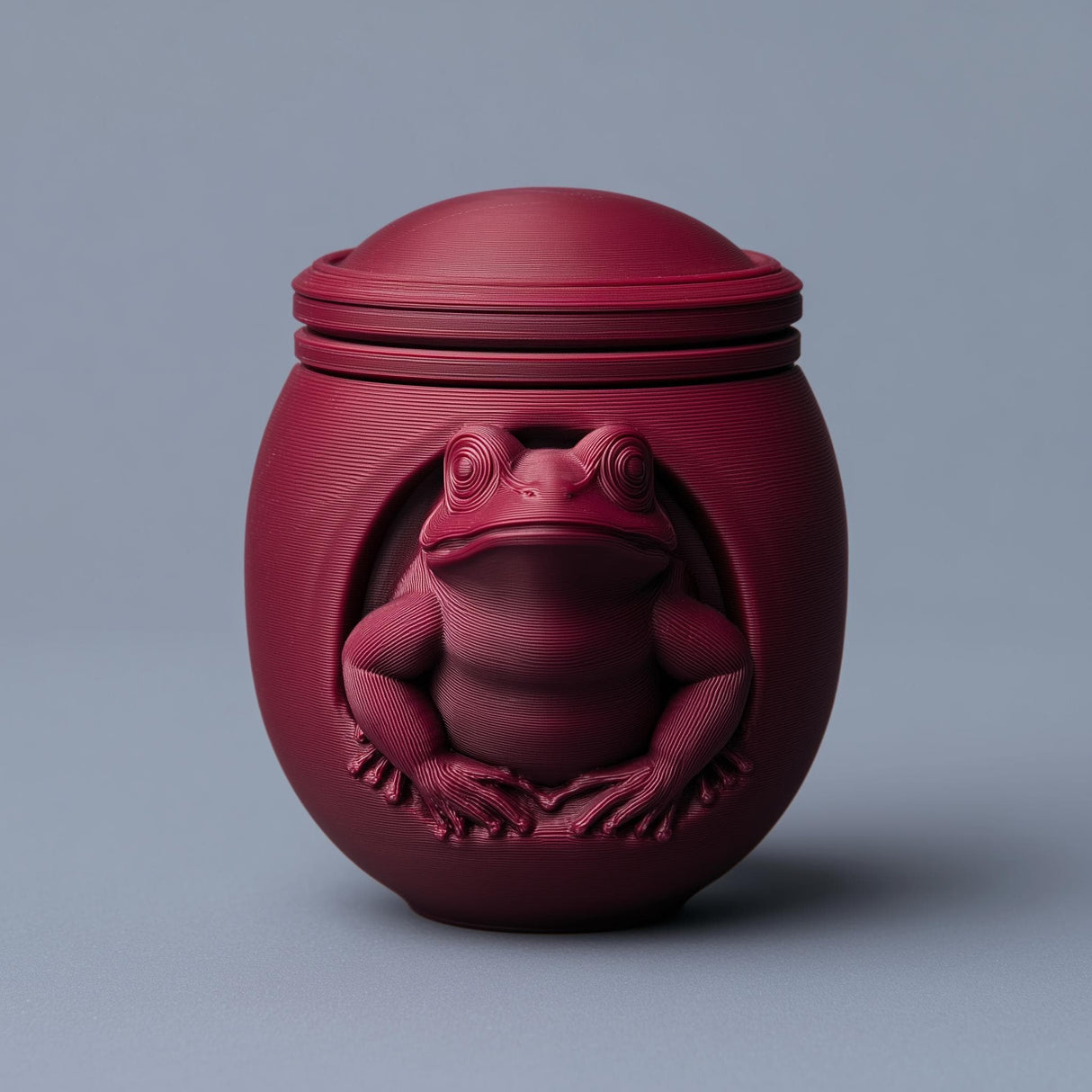 3D printed frog-themed pet ashes urn with a raised frog figure on the front and a fitted lid, visible print texture, photographed on a neutral studio background.