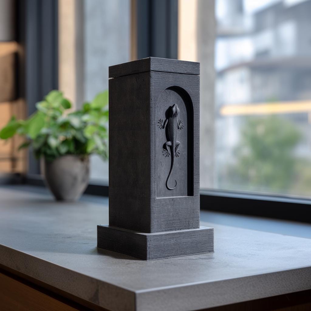 Gecko Pet Ashes Urn Tower | 3D Printed Architectural Memorial Keepsake with Recessed Lizard Relief | Minimal Cremation Decor Sympathy Gift
